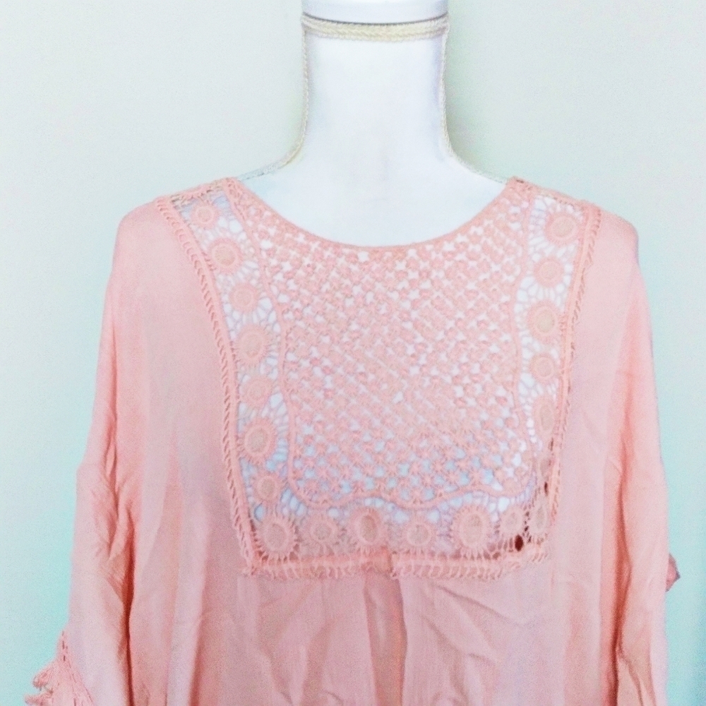 Peach Fringe Crocheted Shawl Swim Coverup - Picture 3 of 5